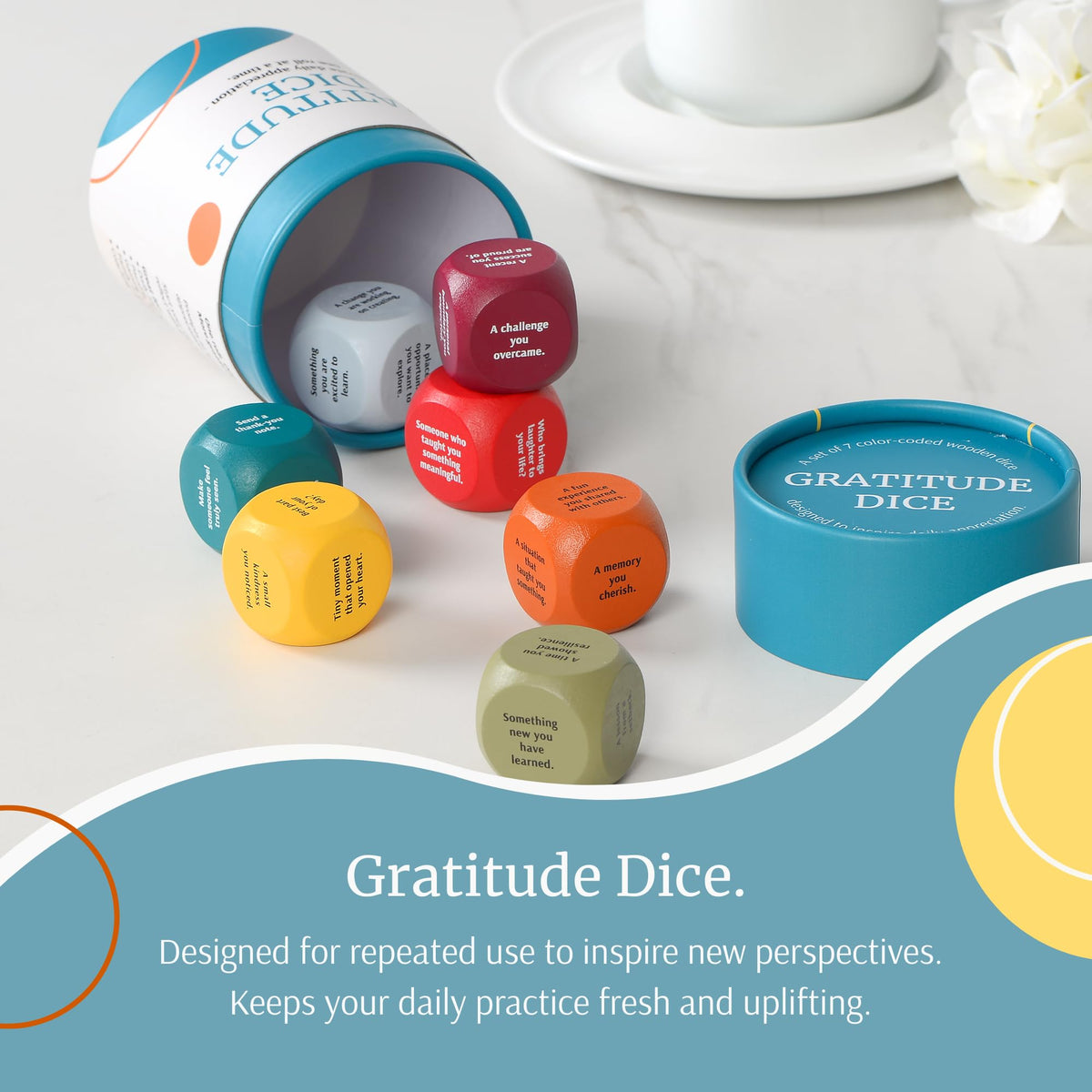 Curiosity Driven Gratitude Dice Set packaging on desk ready for group activity.
