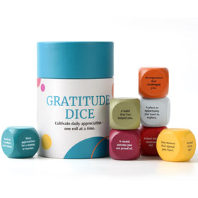 Curiosity Driven Gratitude Dice Set wooden dice close-up supports daily reflection prompts.