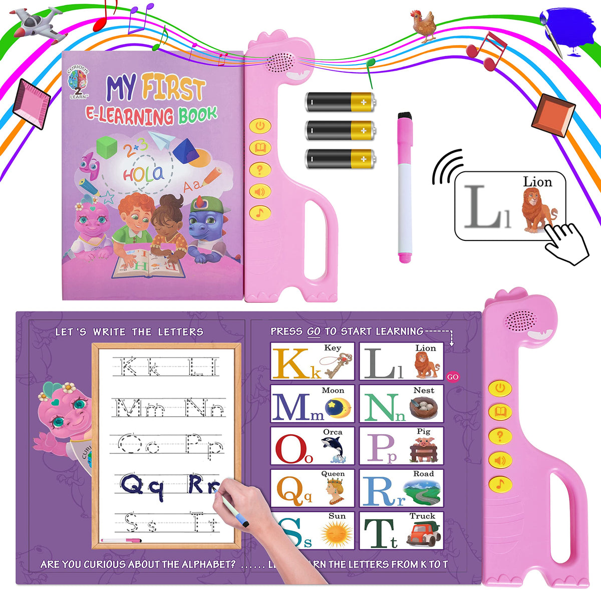 Battery included with auto shut-off in Curious 2 Learn ABC Sound Book.