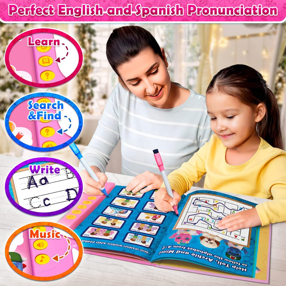 Curious 2 Learn ABC Sound Book bilingual pages for English and Spanish learning at home.