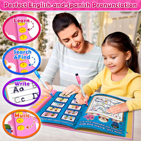 Curious 2 Learn ABC Sound Book bilingual pages for English and Spanish learning at home.