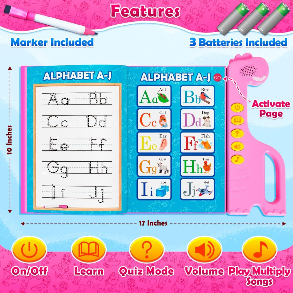 Handwriting practice pages with audio cues in Curious 2 Learn ABC Sound Book.