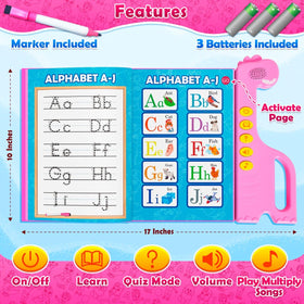 Handwriting practice pages with audio cues in Curious 2 Learn ABC Sound Book.