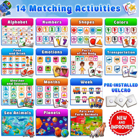Curious 2 Learn activity pages showing ABCs, numbers, shapes for early learning.