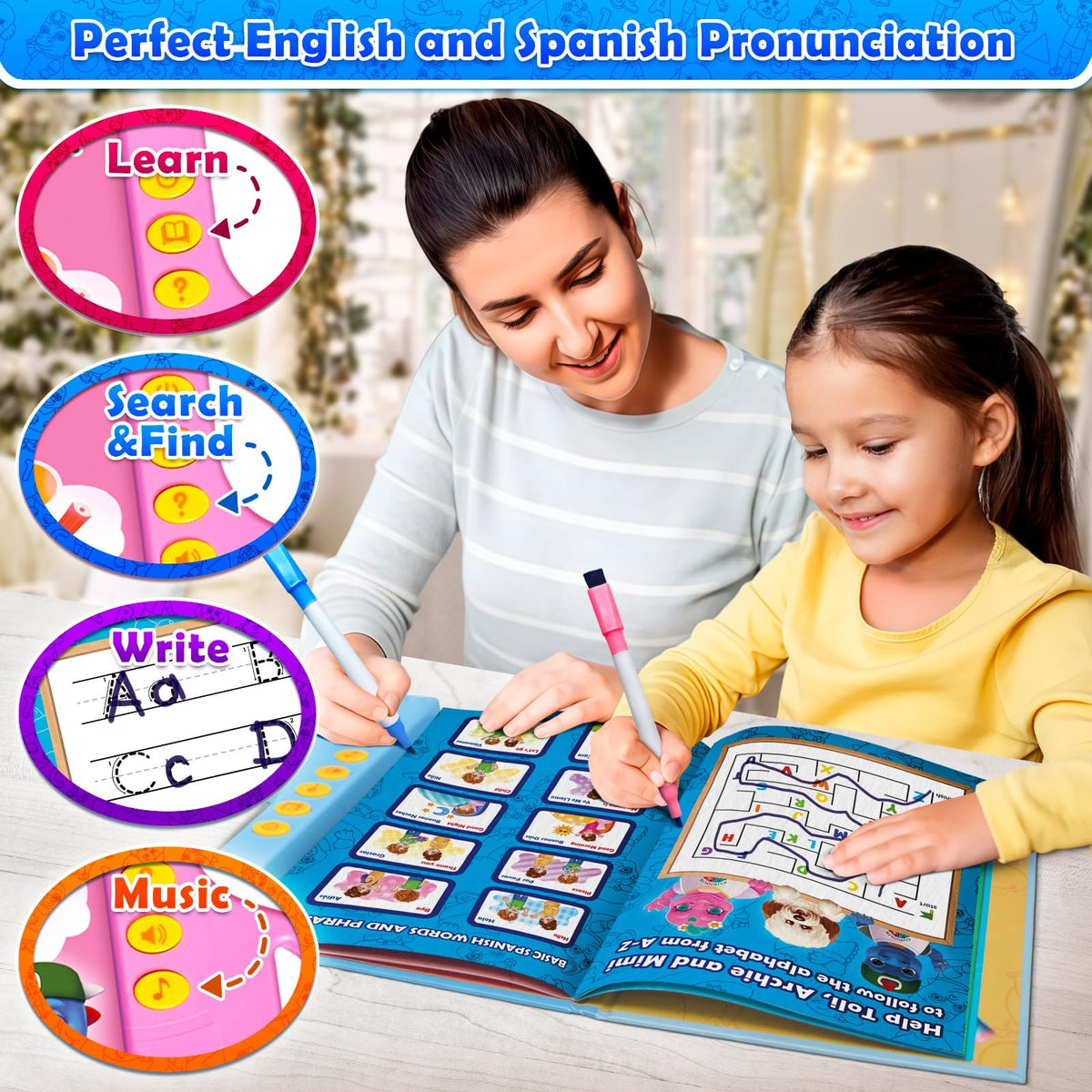Curious 2 Learn bilingual pages teach English and Spanish phrases.