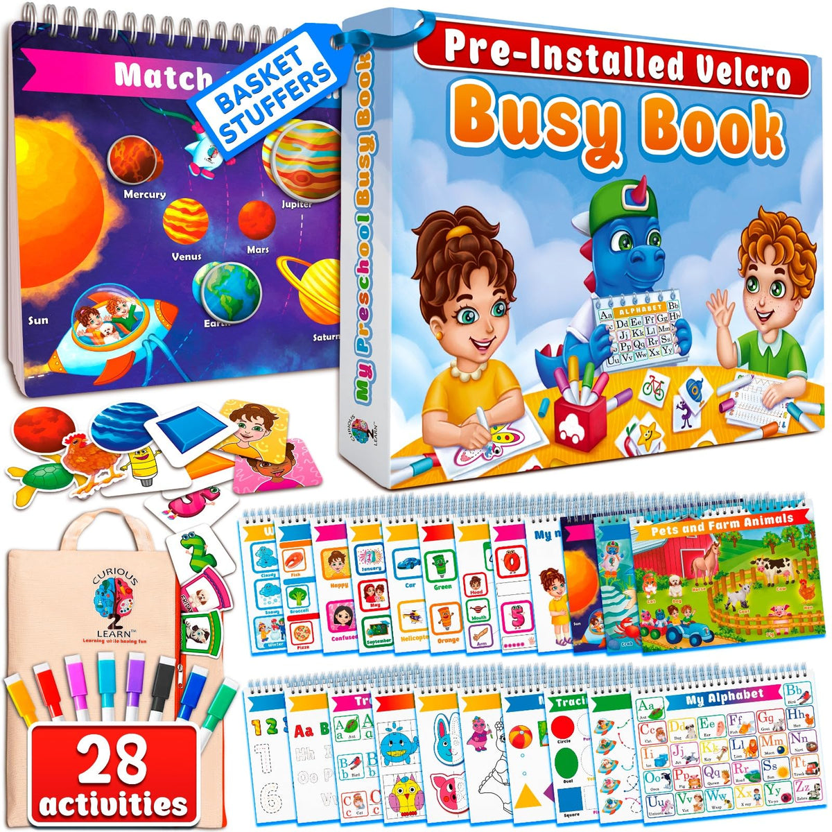Curious 2 Learn Busy Book cover: screen-free Montessori activity for toddlers.