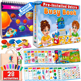 Curious 2 Learn Busy Book cover: screen-free Montessori activity for toddlers.