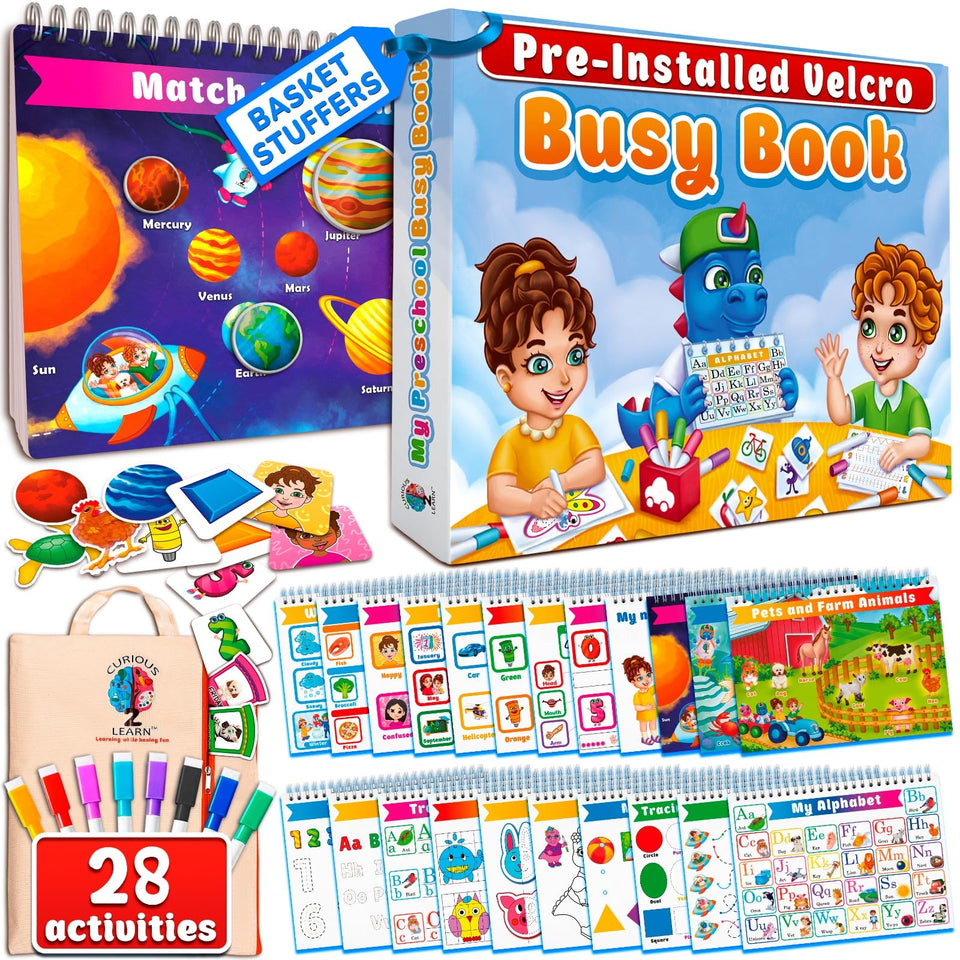 Curious 2 Learn Busy Book cover: screen-free Montessori activity for toddlers.