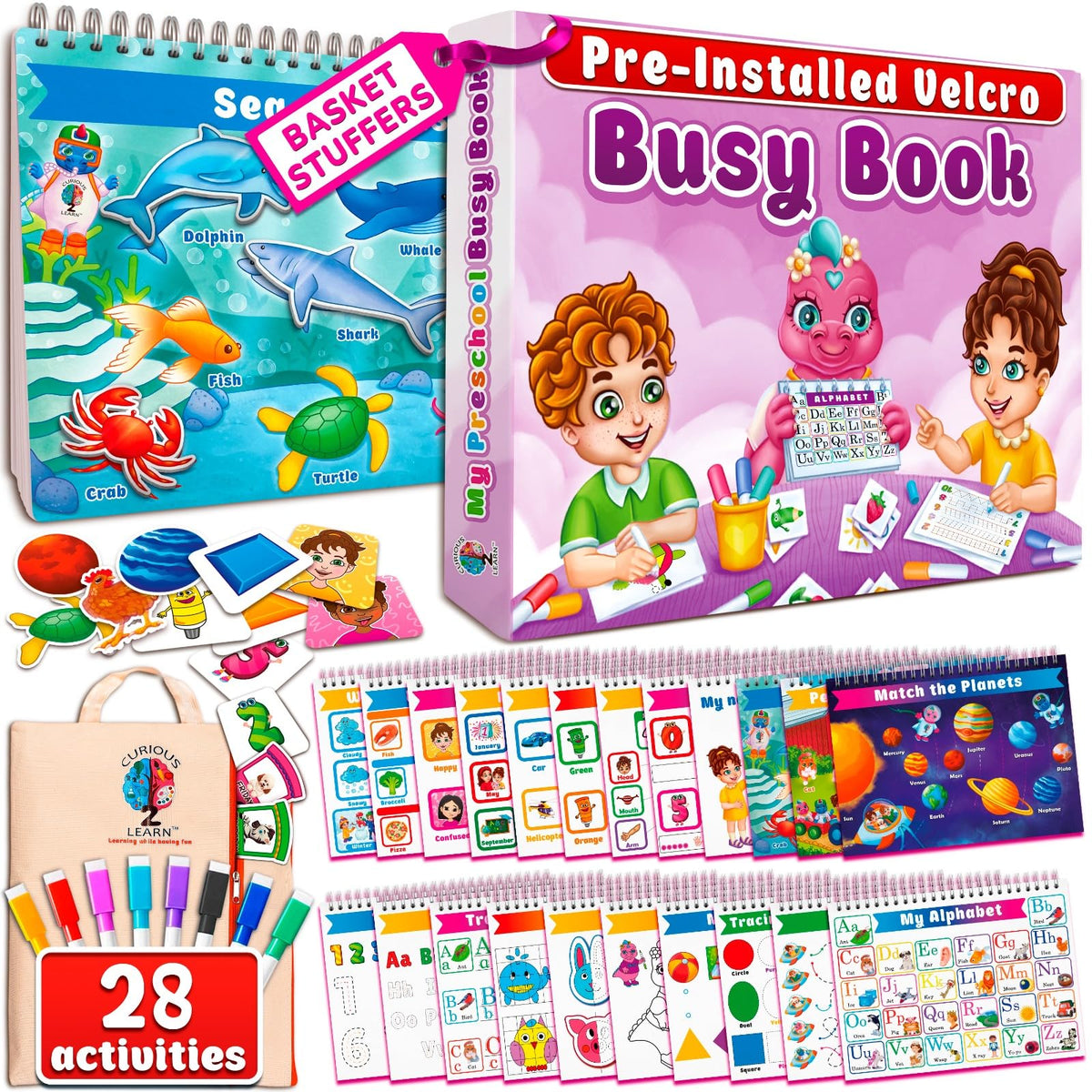 Curious 2 Learn Montessori Busy Book cover shows durable design for daily hands-on learning