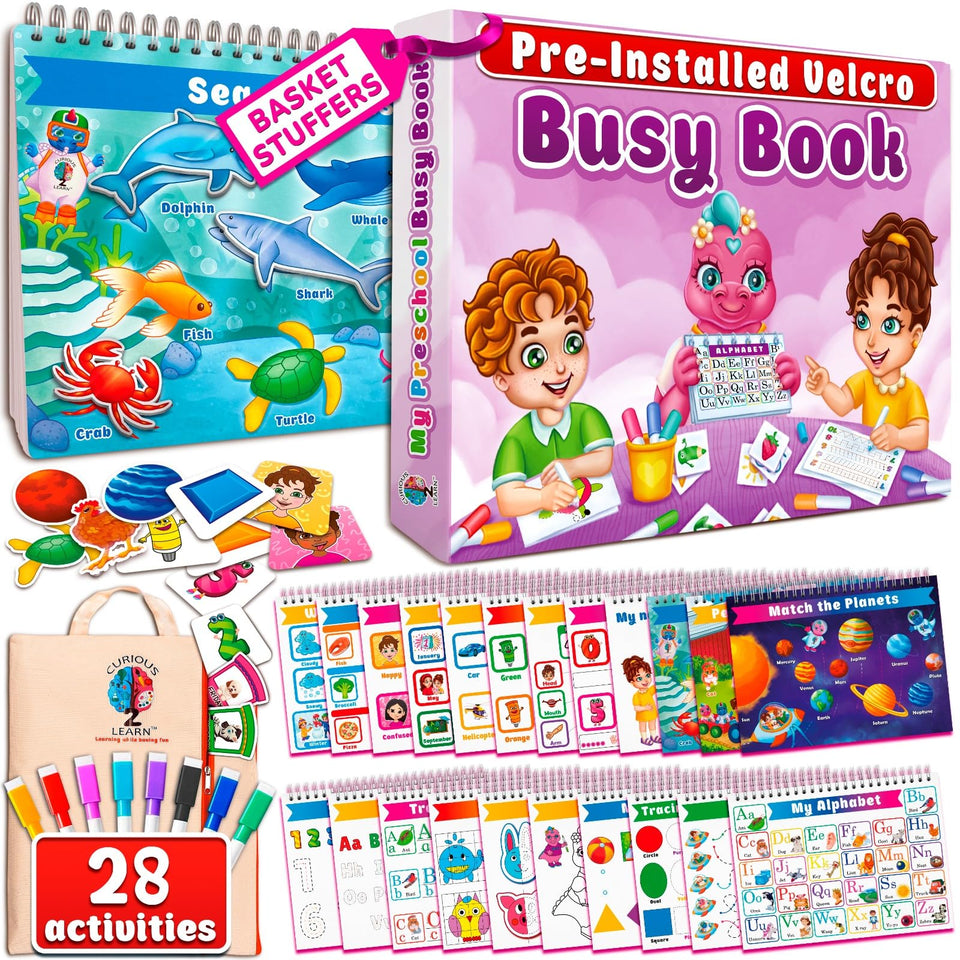 Curious 2 Learn Montessori Busy Book cover shows durable design for daily hands-on learning