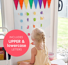 Curious Columbus lowercase letters set helps build words with high-contrast colors.