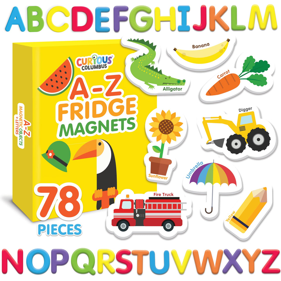 Curious Columbus magnetic objects and letters set with 78 pieces supports early vocabulary and spelling.