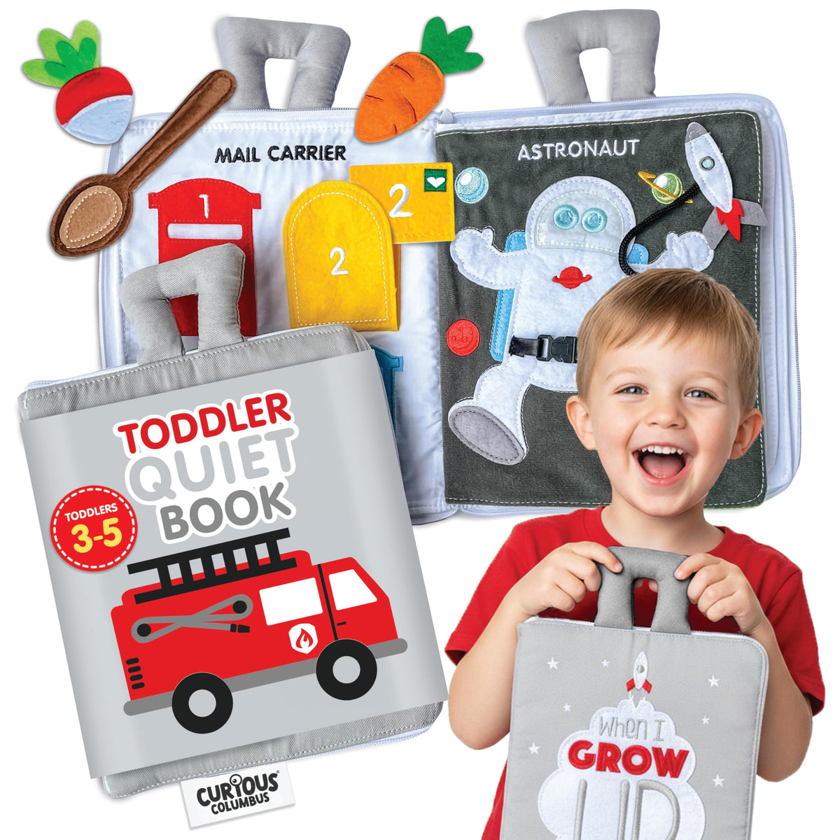 Curious Columbus Quiet Book airplane scene supports imaginative travel play.