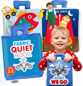 Curious Columbus Away We Go quiet book cover inviting screen-free travel play