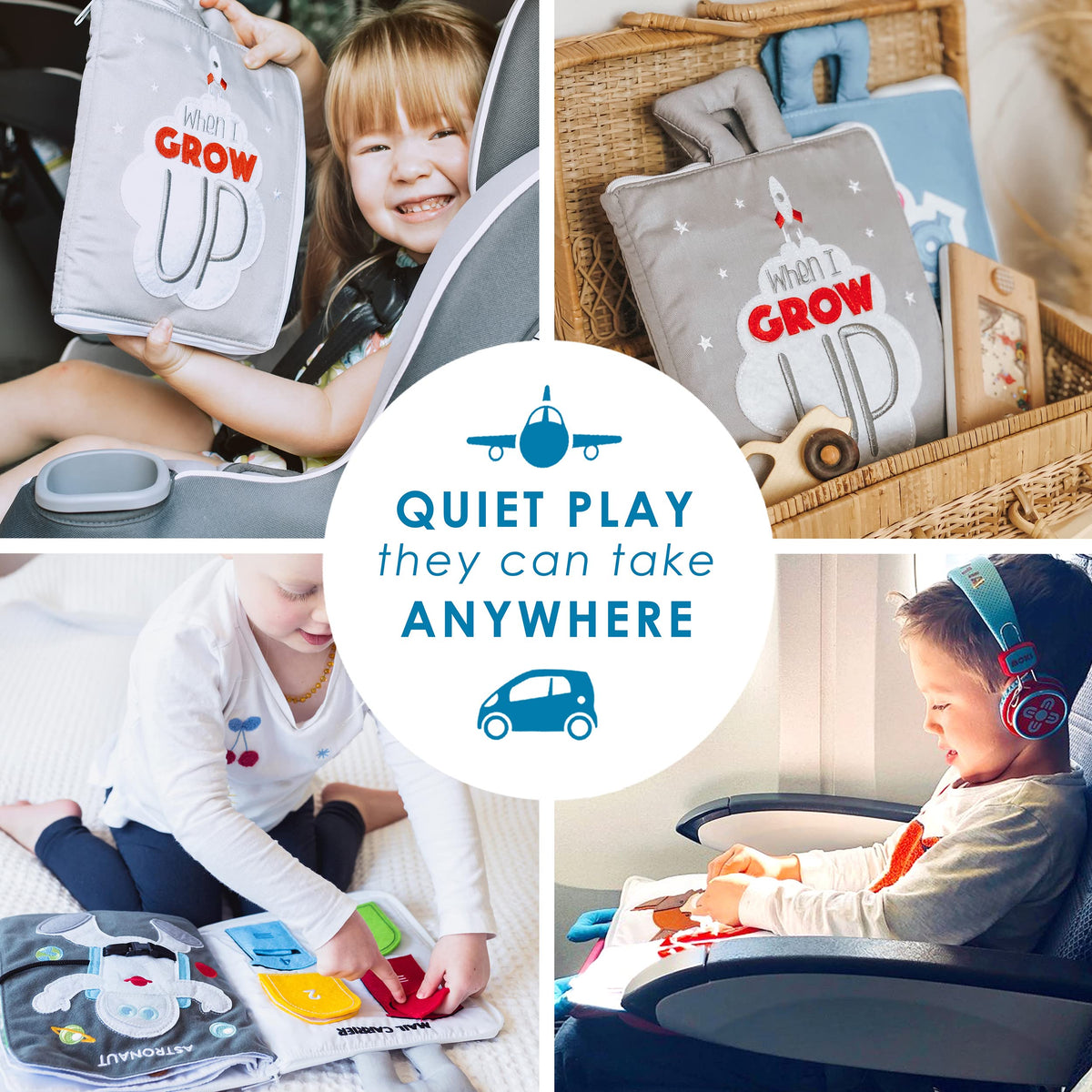 Curious Columbus Quiet Book features poppers, buttons, and zippers for fine motor practice.