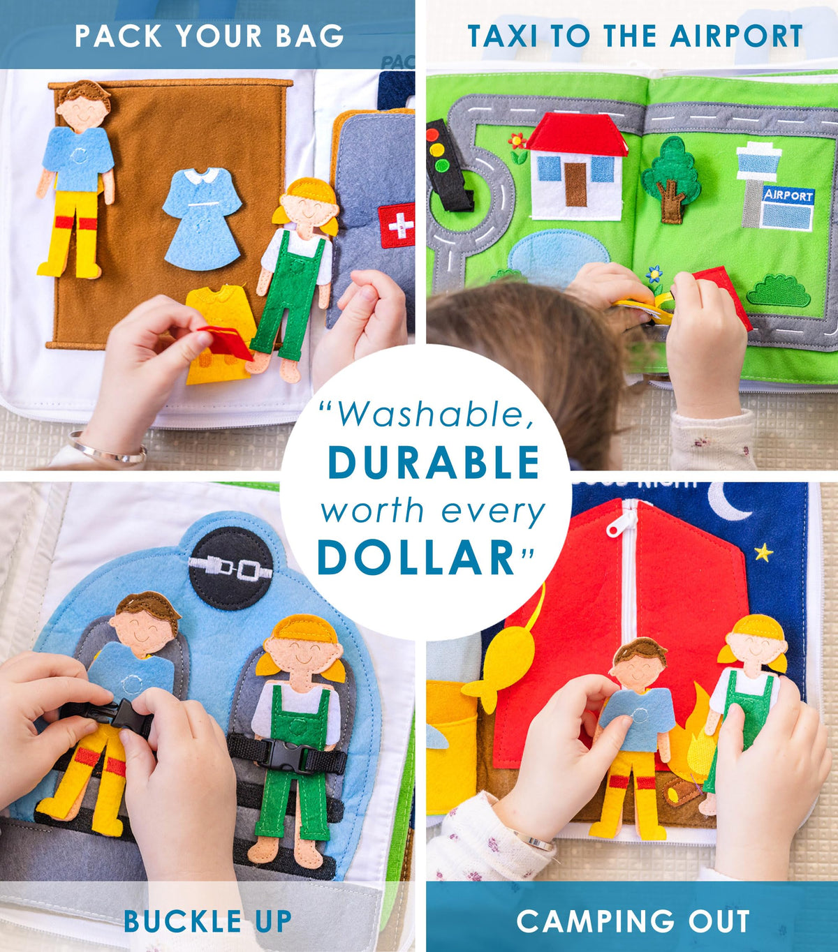 Removable pieces page encourages hands-on discovery during travel