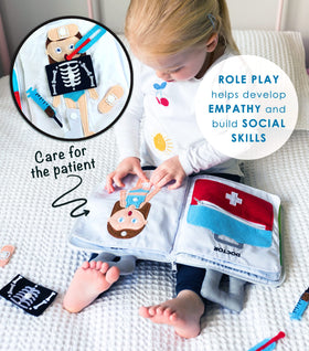 Curious Columbus Quiet Book travel carry handle makes playtime easy on the go.