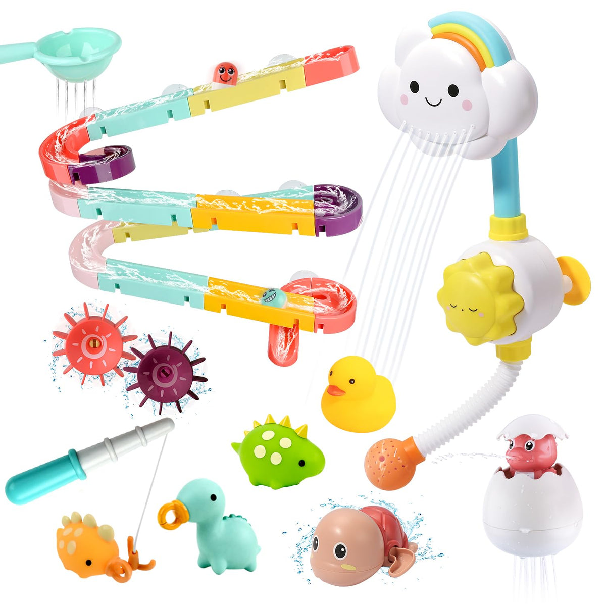 Cute Stone 33-piece bath toys set with shower toy to boost fine motor play.