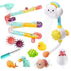 Cute Stone 33-piece bath toys set with shower toy to boost fine motor play.