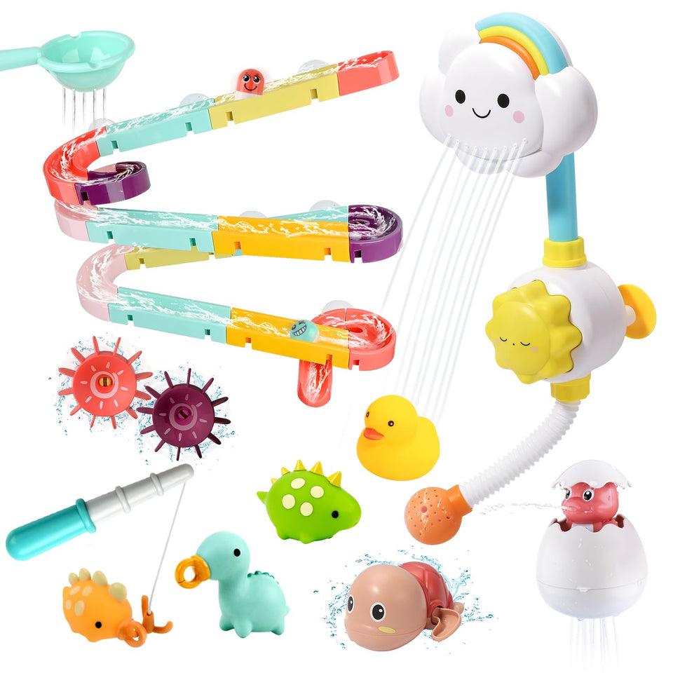 Cute Stone 33-piece bath toys set with shower toy to boost fine motor play.