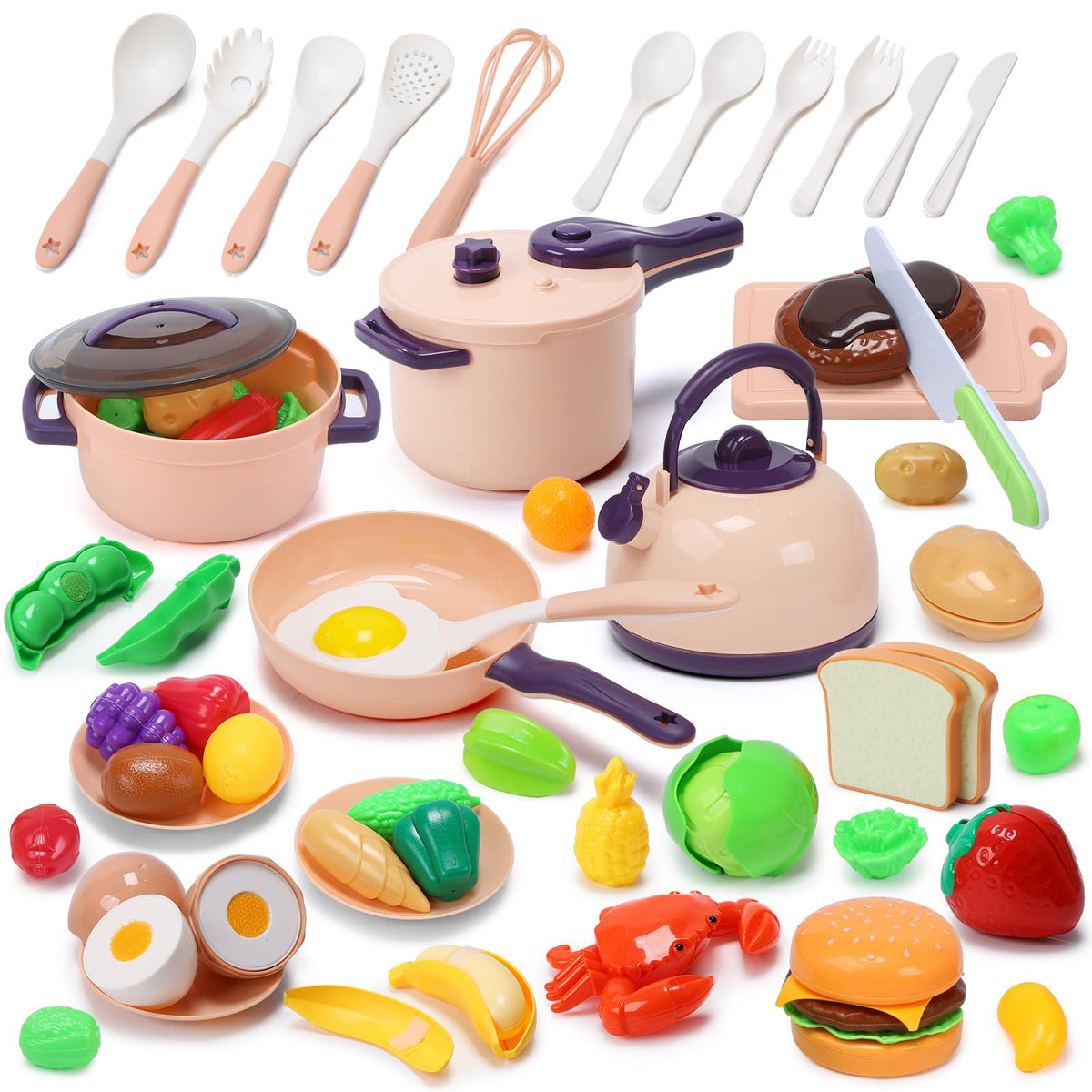 CUTE STONE 51-piece play kitchen collection for creative pretend cooking.