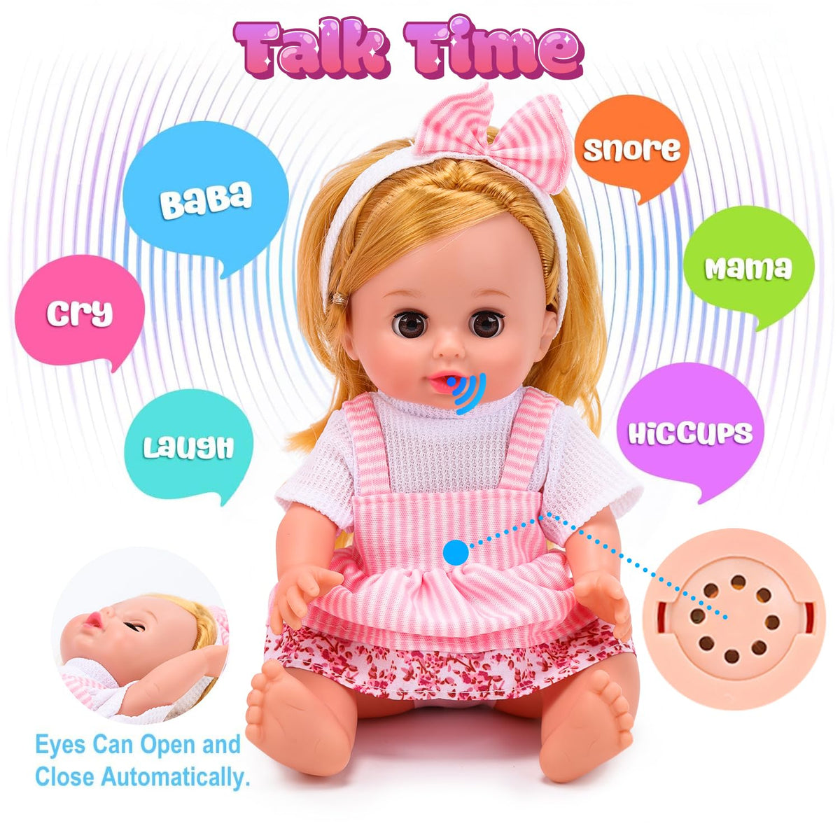 Cute Stone 12-inch doll features interactive sounds and lifelike eyes.