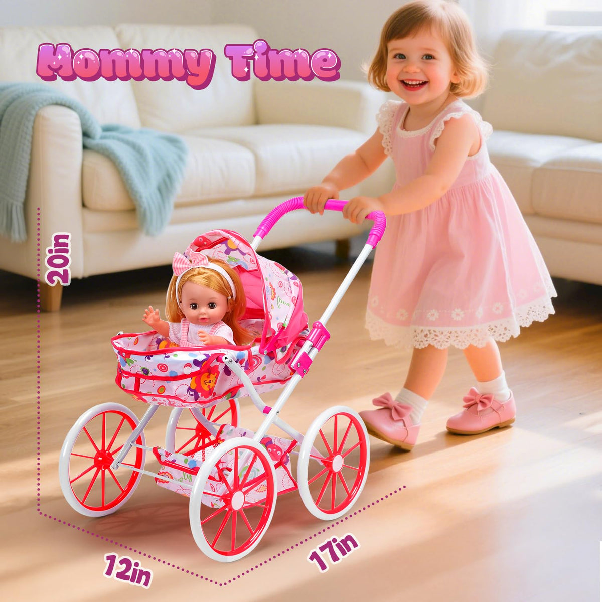 Cute Stone baby doll with high chair for pretend mealtime scenarios.