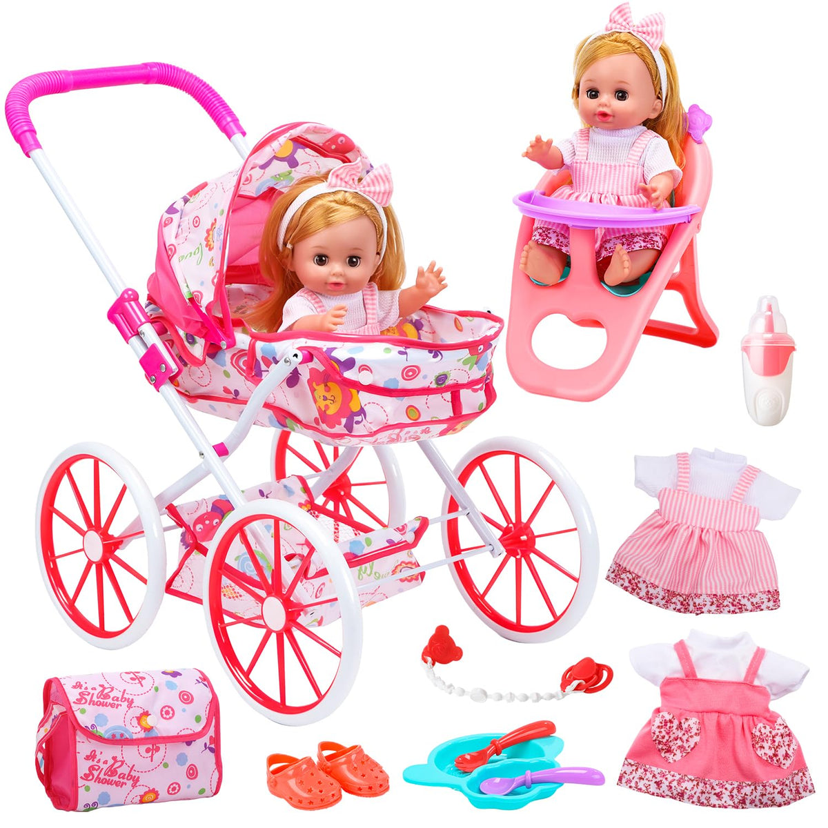 Cute Stone baby doll with stroller for imaginative caregiving play.