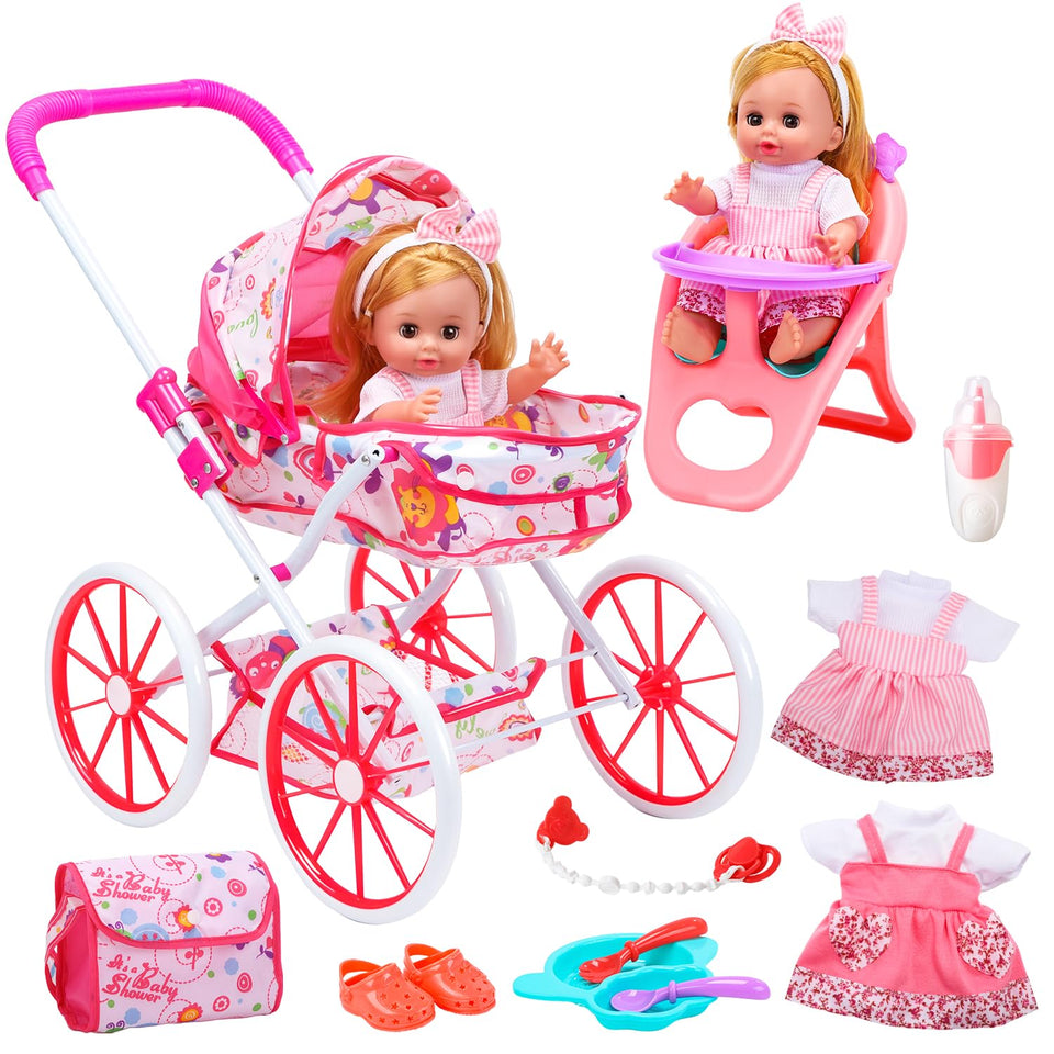 Cute Stone baby doll with stroller for imaginative caregiving play.
