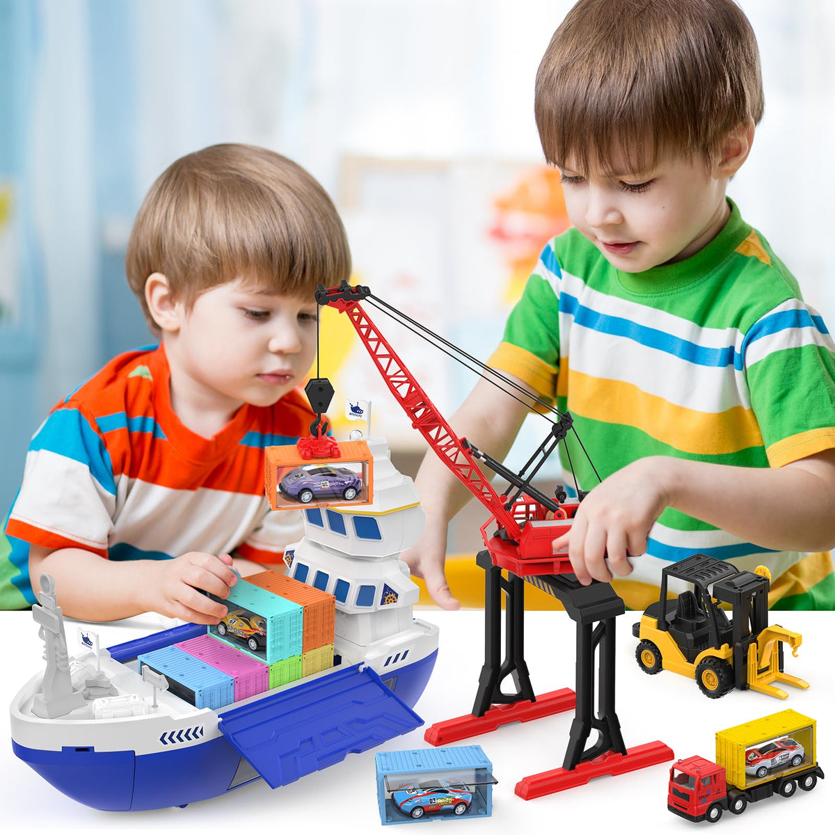 CUTE STONE cargo ship shows tower crane in action for motor skills practice.