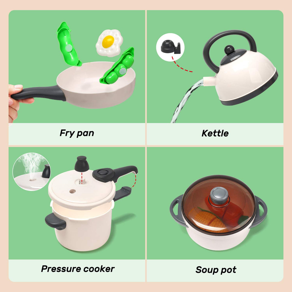 CUTE STONE cookware set with pan and pot for complete pretend meals.