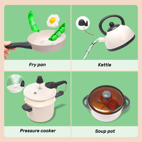 CUTE STONE cookware set with pan and pot for complete pretend meals.