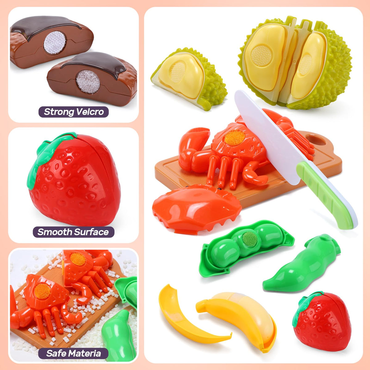 Cute Stone cuttable food pieces enable safe pretend chopping and color practice.