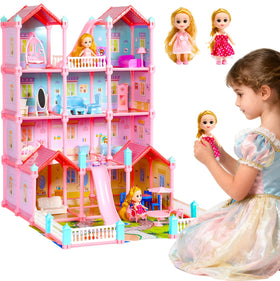 CUTE STONE huge dollhouse with 4-story layout for imaginative play.