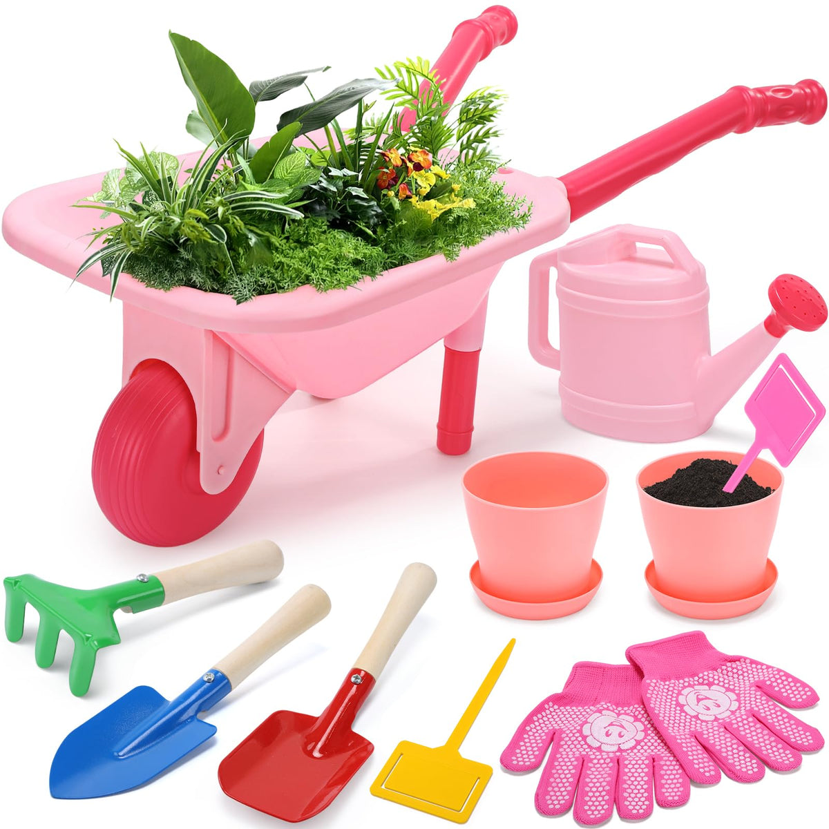 CUTE STONE pink wheelbarrow with tools inspires imaginative backyard play for toddlers.