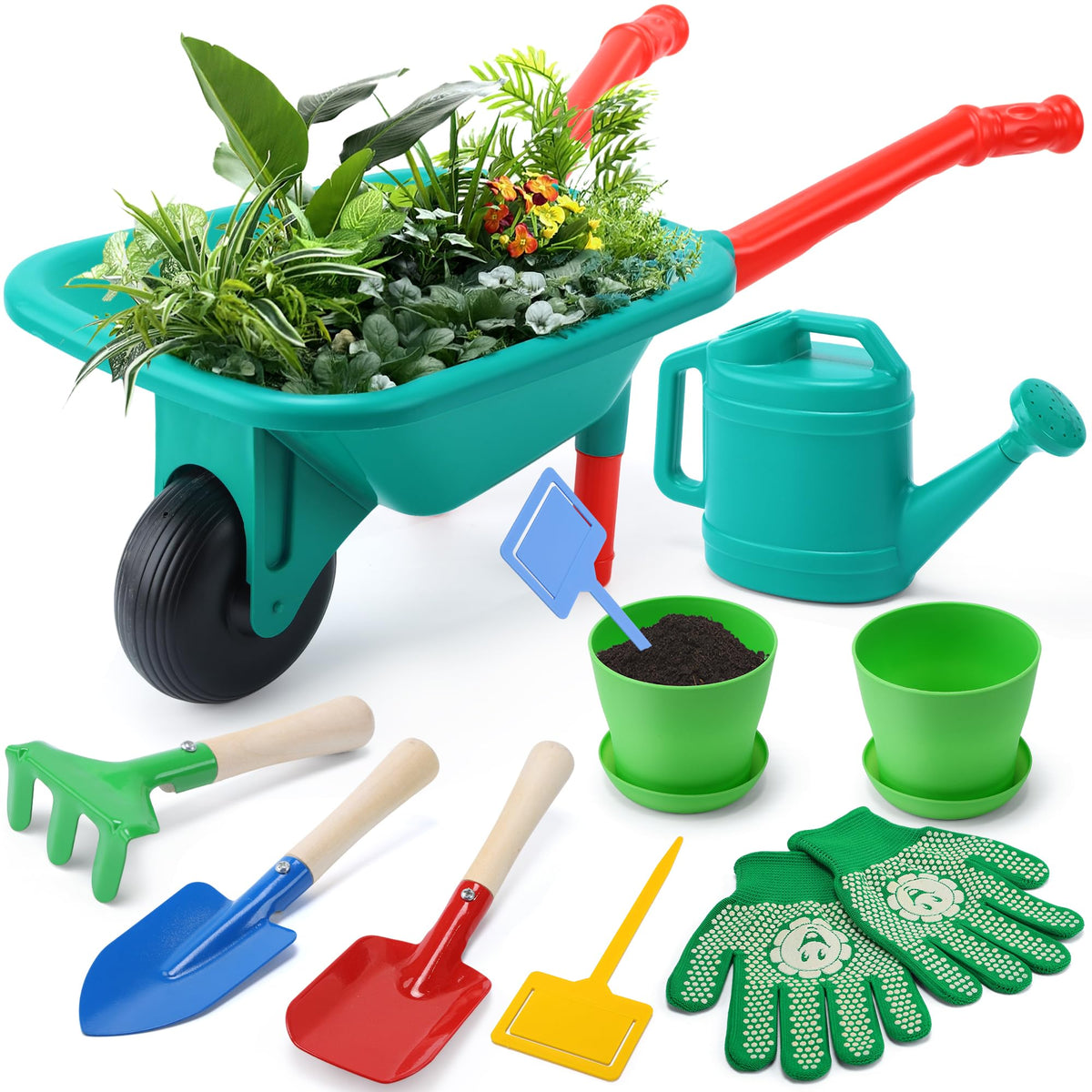 Cute Stone Kids Gardening Set wheelbarrow with wooden-handled tools promotes outdoor play