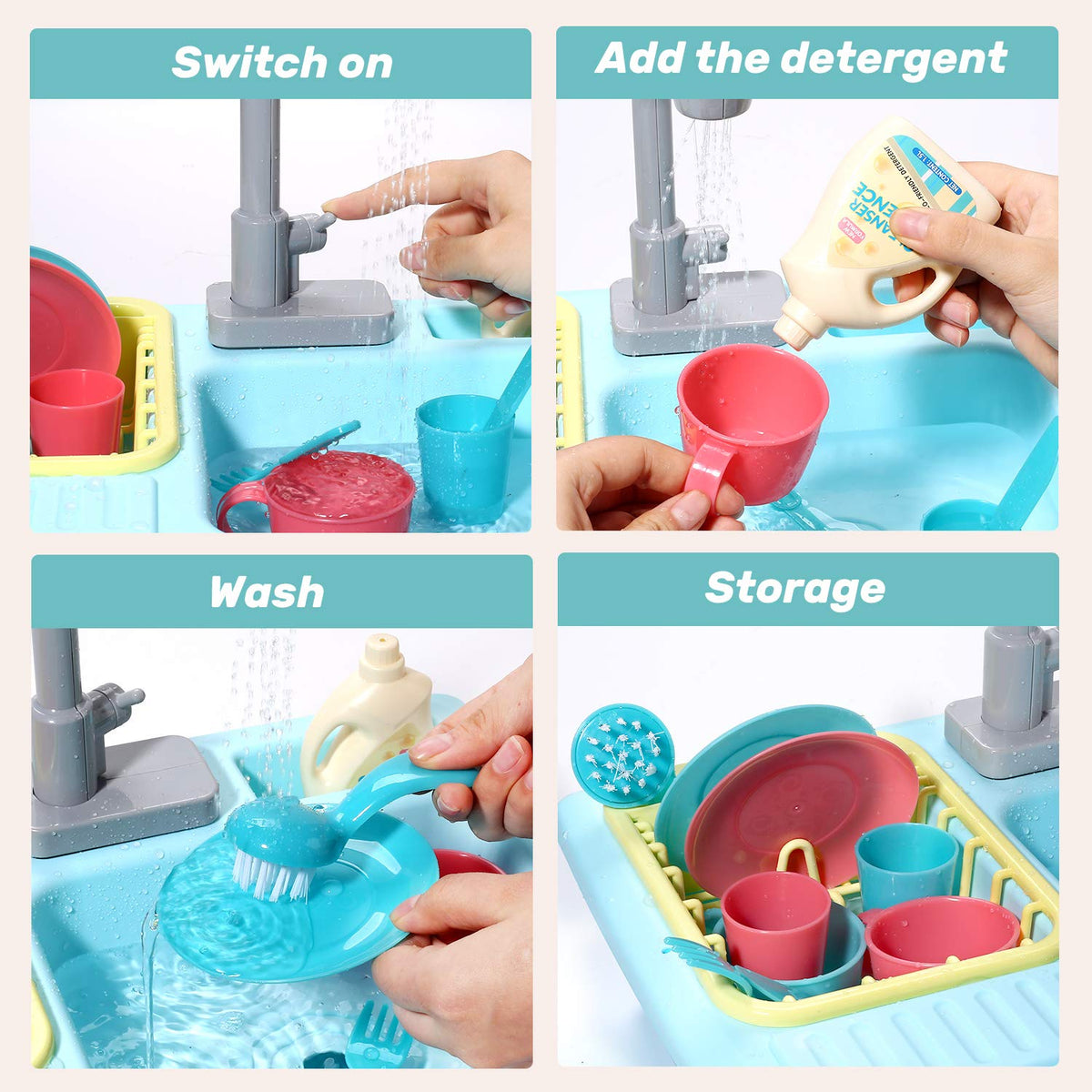 Cute Stone kids enjoy role-play learning kitchen routines and organization