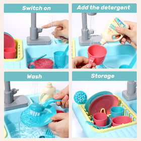 Cute Stone kids enjoy role-play learning kitchen routines and organization