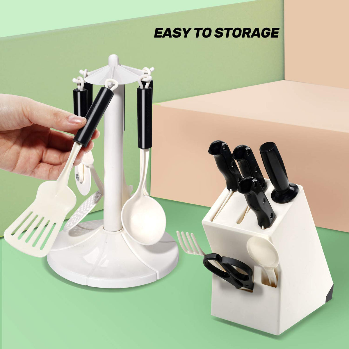 CUTE STONE kitchen utensil holder keeps tools within reach during pretend cooking.