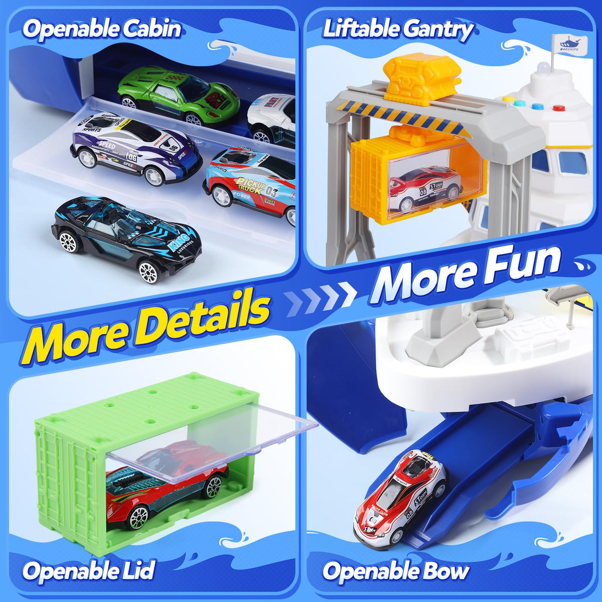 CUTE STONE open cargo hold displays containers for realistic loading play.