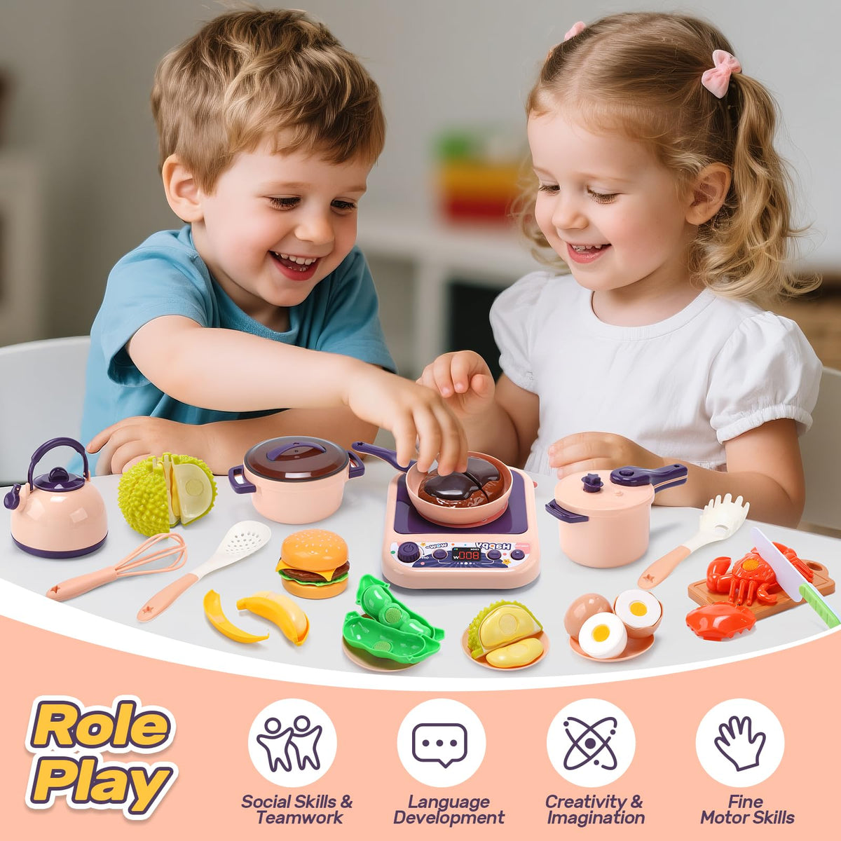 Cute Stone pots and pans set for realistic child-sized kitchen play.