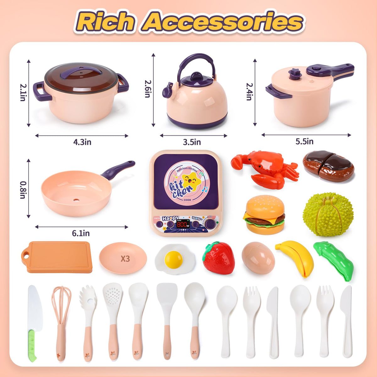 Cute Stone 31-piece pretend kitchen collection ready for ages 3+ playtime.