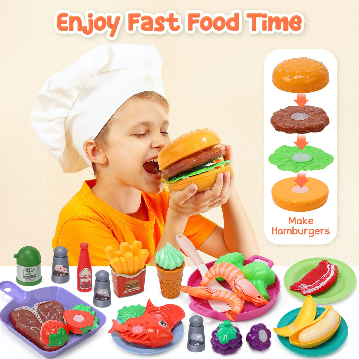 Cute Stone pretend meat beef pork bacon with Velcro for safe cutting play