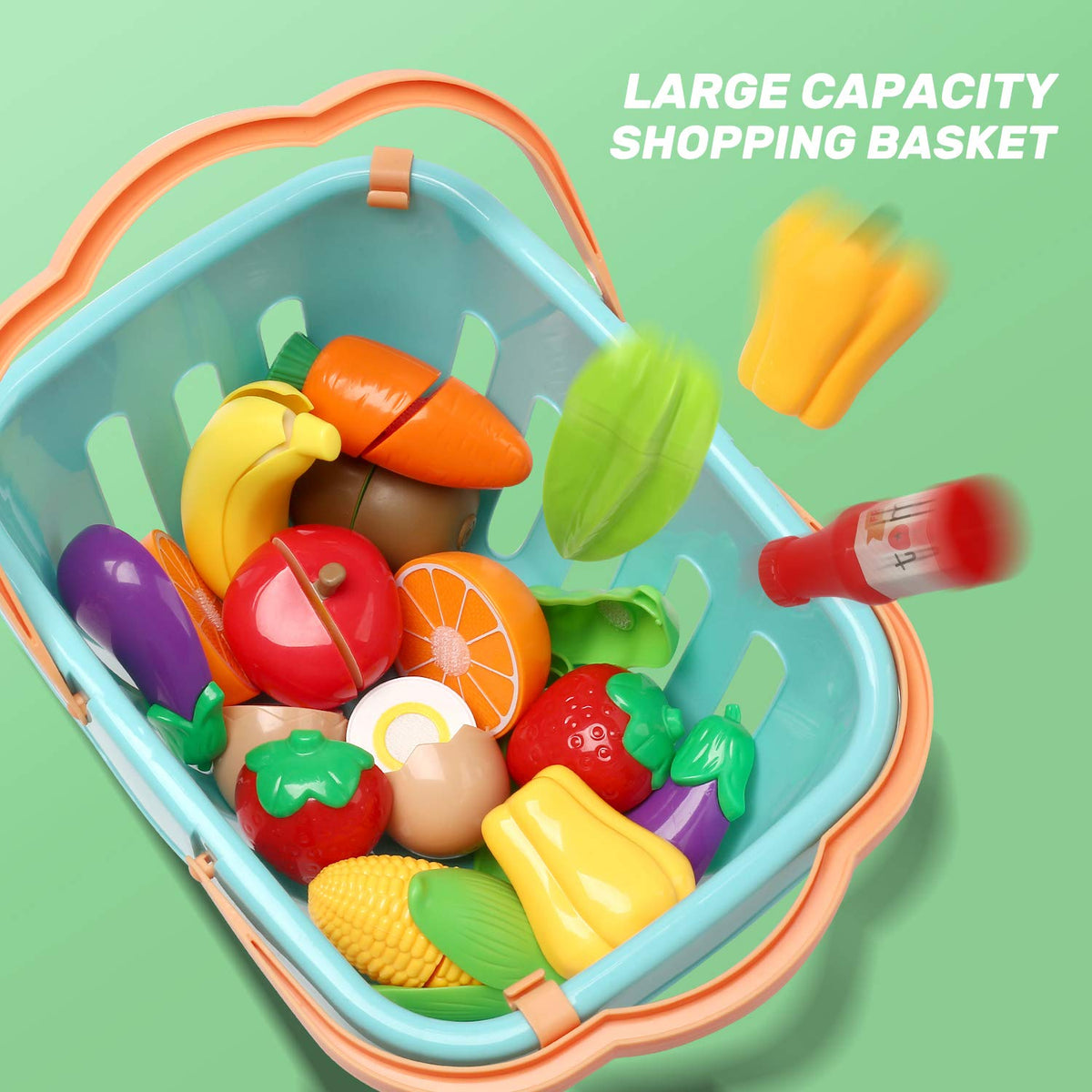 CUTE STONE shopping basket for storing play food and easy cleanup.