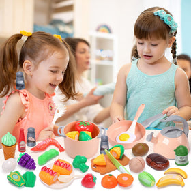 CUTE STONE play-dishware and trays help organize tidy pretend meals