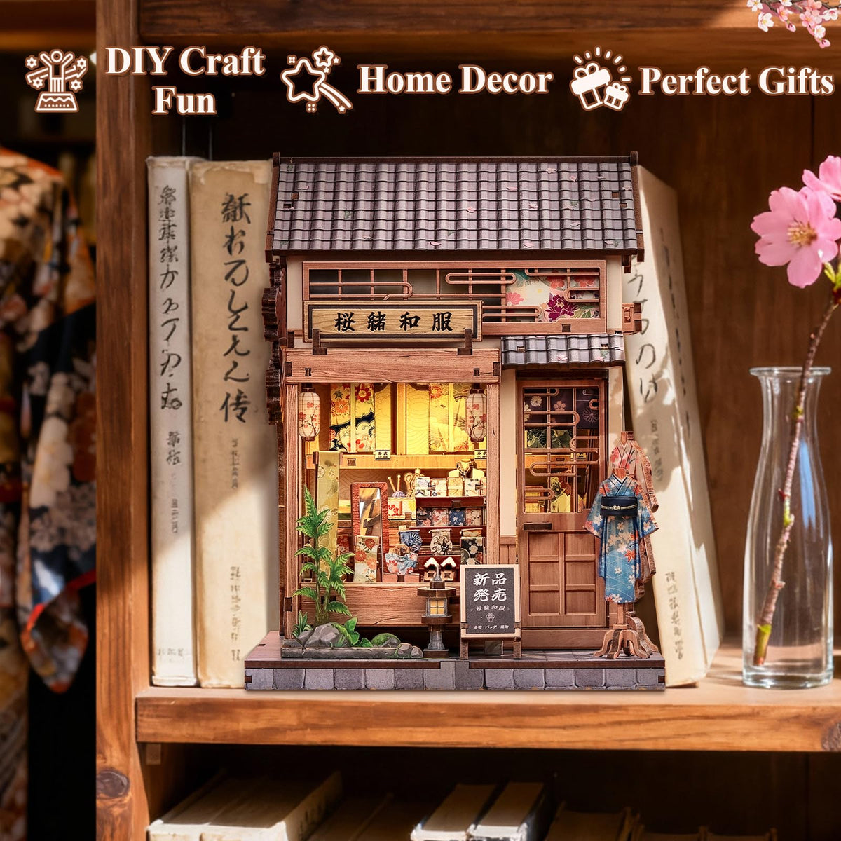 Cutebee 3D puzzle miniature with LED lighting enhances warm shelf ambience.