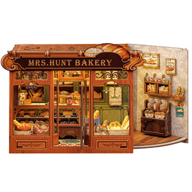 CUTEBEE Book Nook Kit front view of Mrs. Hunt Bakery on a desk, inviting ambiance
