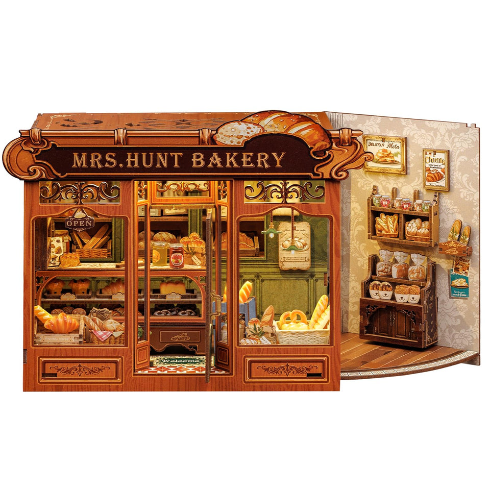 CUTEBEE Book Nook Kit front view of Mrs. Hunt Bakery on a desk, inviting ambiance