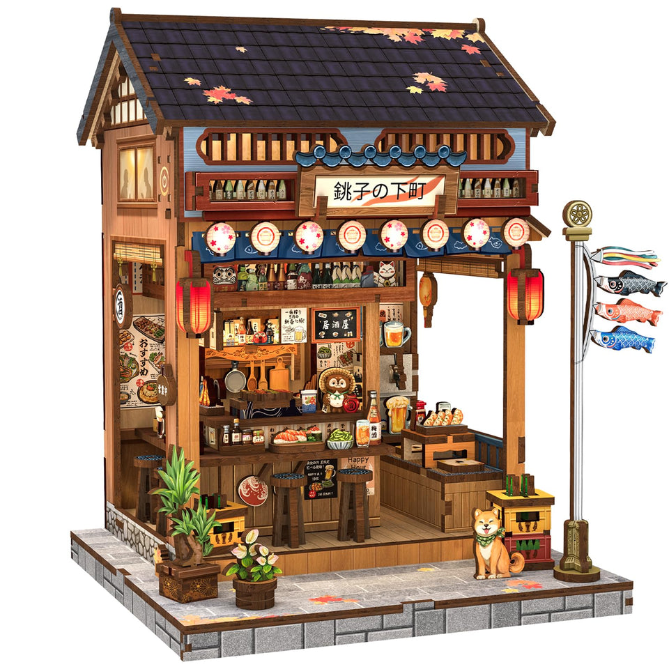 CUTEBEE Book Nook Izakaya front view with warm LED glow for cozy shelf decor.