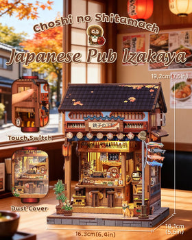 CUTEBEE Book Nook Izakaya side angle highlighting detailed storefronts and tiny lanterns.